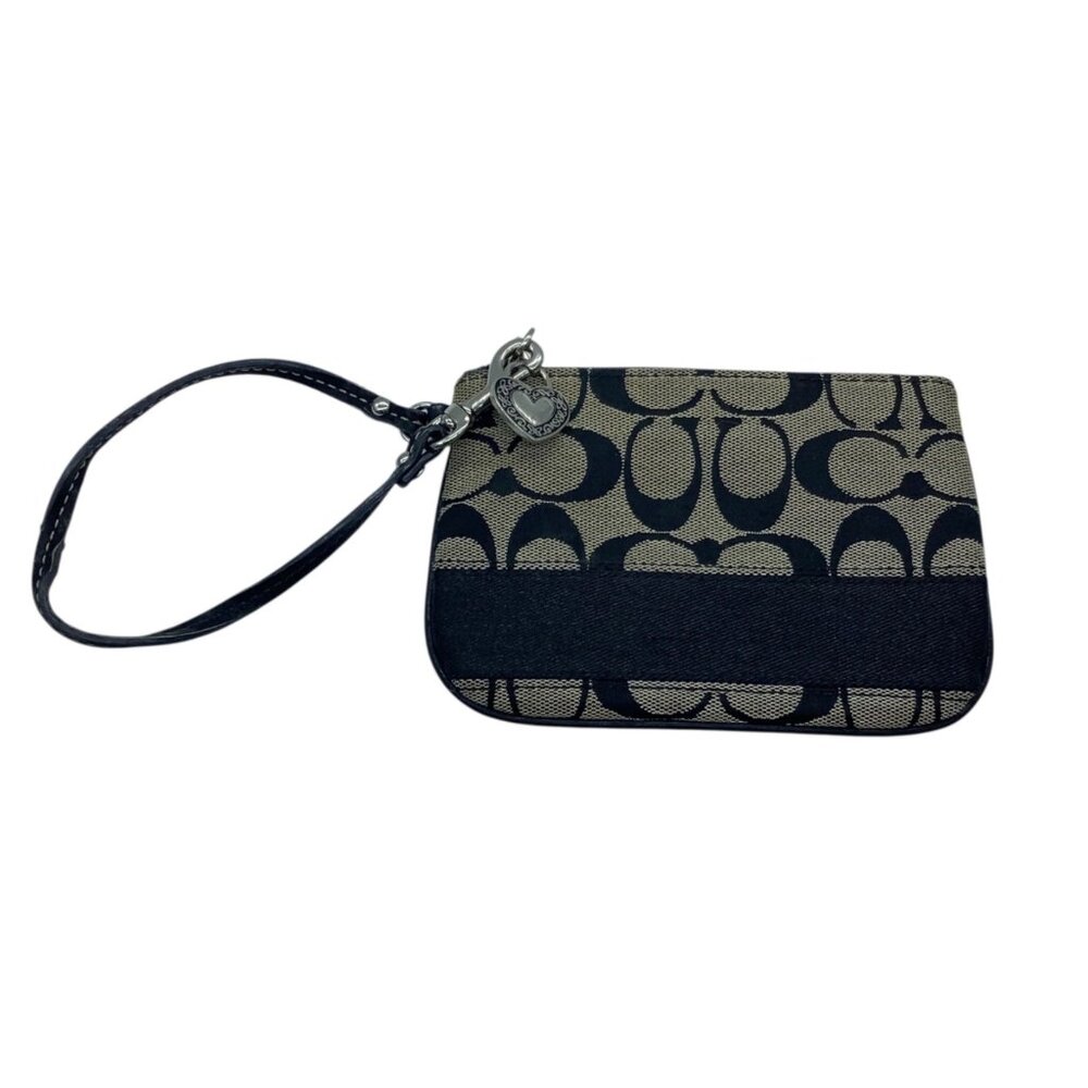 Coach Signature Canvas Wristlet Black Khaki Zip Close Heart Charm Accent 6" X 4"